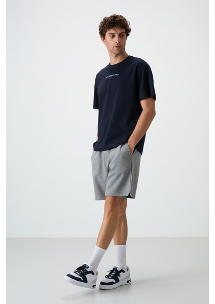 Lacivert Pamuklu Kalın Yüzeyi Dokulu Oversize Fit Baskılı Erkek T-Shirt - 88364 modelleri