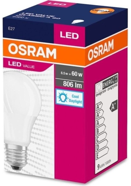 LED Value 8.5W (60W) LED Ampul Beyaz Işık E27 806 Lümen Klasik A60 10LU Paket Osram-Ld-Byz