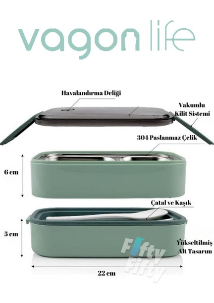 1400 ml Iki Kat Üç Bölme Paslanmaz Çelik Bento Lunch Box Yeni Nesil Sefer Tası -Çatal/kaşıklı MODEL-FFBL50002 fiyatları