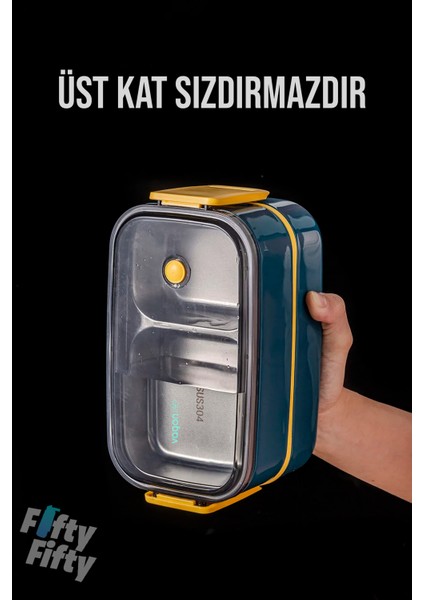 1400 ml Iki Kat Üç Bölme Paslanmaz Çelik Bento Lunch Box Yeni Nesil Sefer Tası -Çatal/kaşıklı MODEL-FFBL50002