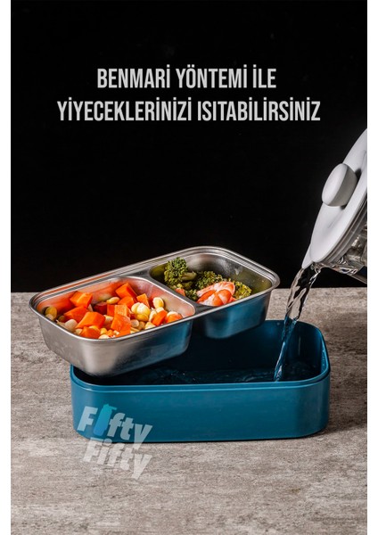 1400 ml Iki Kat Üç Bölme Paslanmaz Çelik Bento Lunch Box Yeni Nesil Sefer Tası -Çatal/kaşıklı MODEL-FFBL50002