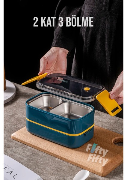 1400 ml Iki Kat Üç Bölme Paslanmaz Çelik Bento Lunch Box Yeni Nesil Sefer Tası -Çatal/kaşıklı MODEL-FFBL50002