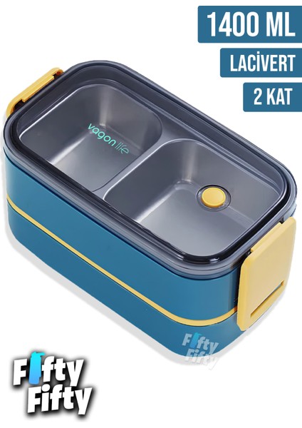 1400 ml Iki Kat Üç Bölme Paslanmaz Çelik Bento Lunch Box Yeni Nesil Sefer Tası -Çatal/kaşıklı MODEL-FFBL50002