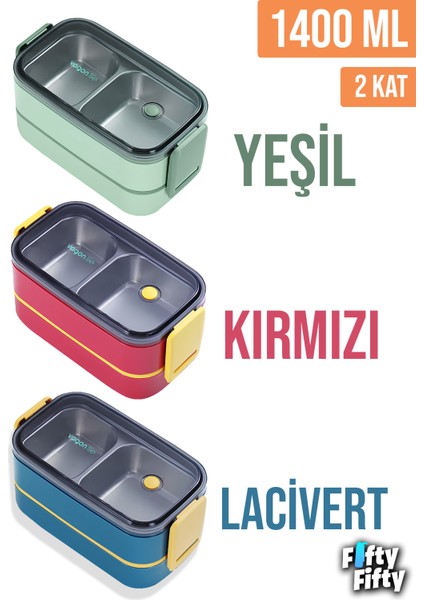 1400 ml Iki Kat Üç Bölme Paslanmaz Çelik Bento Lunch Box Yeni Nesil Sefer Tası -Çatal/kaşıklı MODEL-FFBL50002