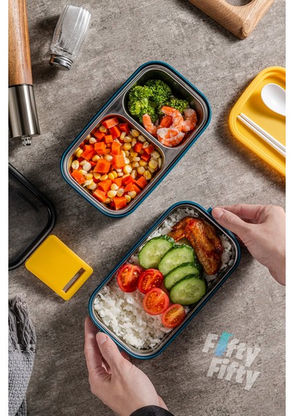 1400 ml Iki Kat Üç Bölme Paslanmaz Çelik Bento Lunch Box Yeni Nesil Sefer Tası -Çatal/kaşıklı MODEL-FFBL50002