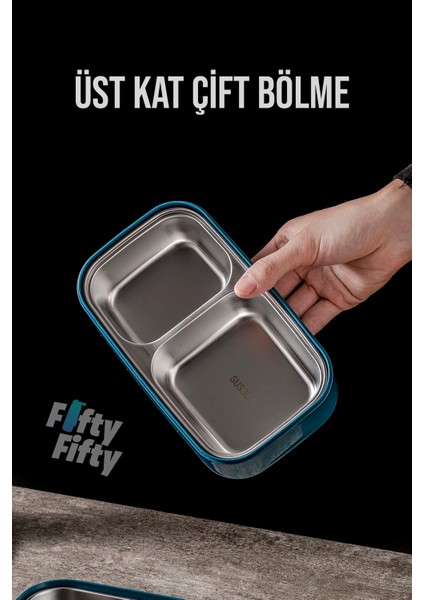 1400 ml Iki Kat Üç Bölme Paslanmaz Çelik Bento Lunch Box Yeni Nesil Sefer Tası -Çatal/kaşıklı MODEL-FFBL50002