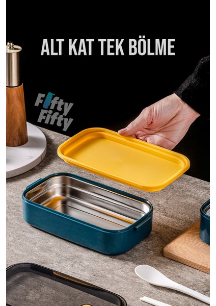 1400 ml Iki Kat Üç Bölme Paslanmaz Çelik Bento Lunch Box Yeni Nesil Sefer Tası -Çatal/kaşıklı MODEL-FFBL50002