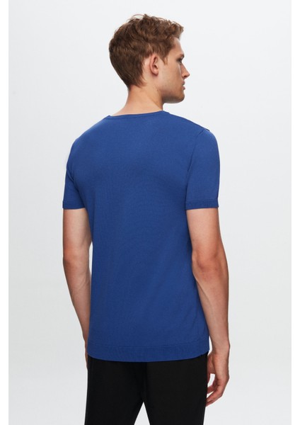 Slim Fit Kobalt Düz Örgü Rayon Örme T-Shirt 0EF069421003M