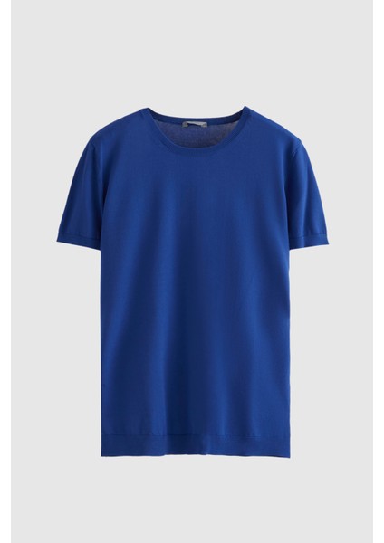 Slim Fit Kobalt Düz Örgü Rayon Örme T-Shirt 0EF069421003M