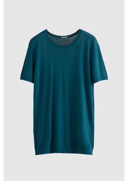 Slim Fit Zümrüt Yeşili Düz Örgü Rayon Örme T-Shirt 0EF069421003M