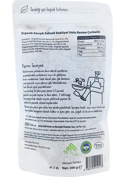 Organik Karışık Sebzeli Bakliyat Unlu Kesme Çorbalık 200Gr +6 Ay