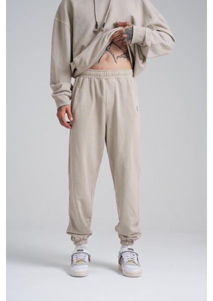 Erkek Yıkamalı Basic Jogger Bej Eşofman Altı
