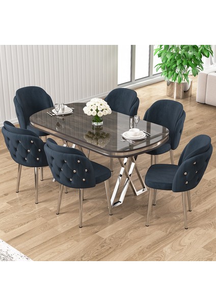 Zae Serisi 90X168 Lak Panel Antrasit Ironi gümüş Ayak Masa Takımı 6 Sandalye