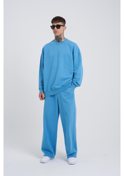 Erkek Yıkamalı Basic Baggy Mavi Eşofman Altı