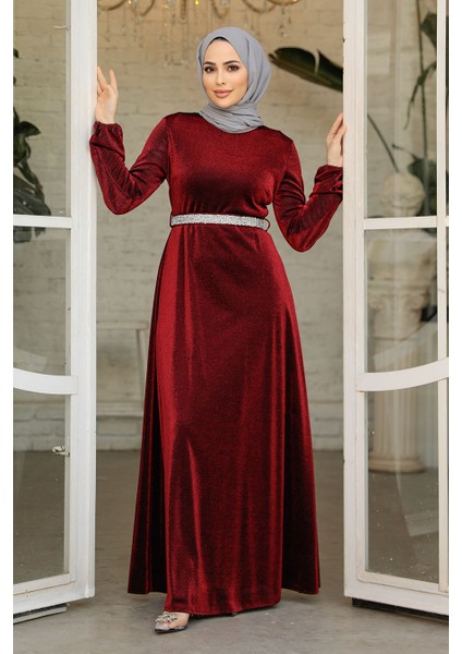 Simli Bordo Tesettür Abiye Elbise 42541BR