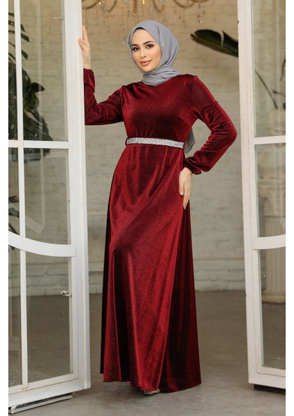 Simli Bordo Tesettür Abiye Elbise 42541BR