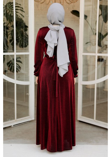 Simli Bordo Tesettür Abiye Elbise 42541BR