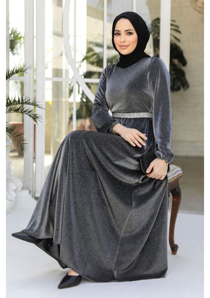 Simli Füme Tesettür Abiye Elbise 42541FU