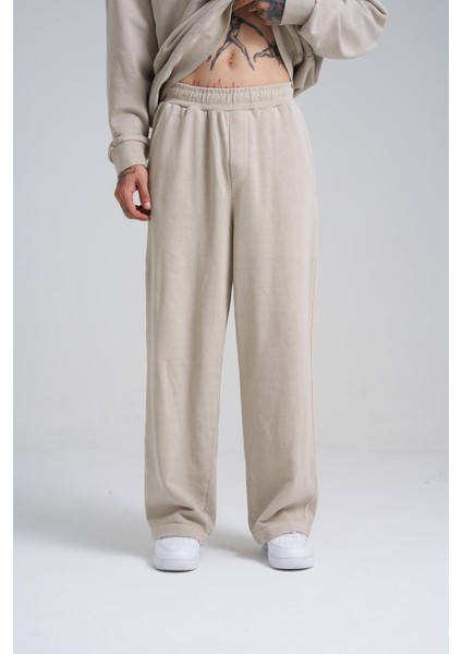 Erkek Yıkamalı Basic Baggy Bej Eşofman Altı