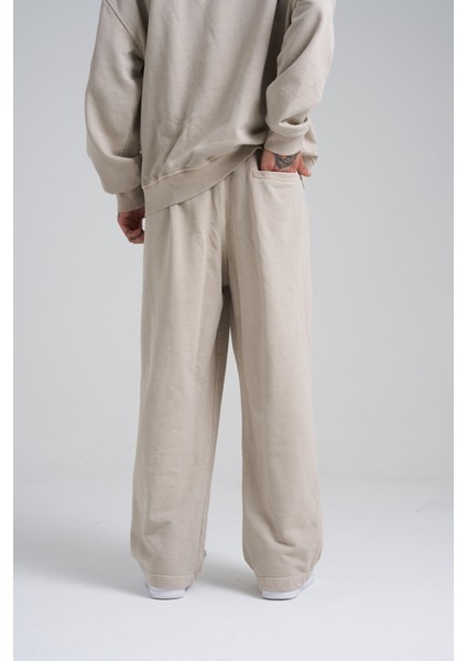 Erkek Yıkamalı Basic Baggy Bej Eşofman Altı