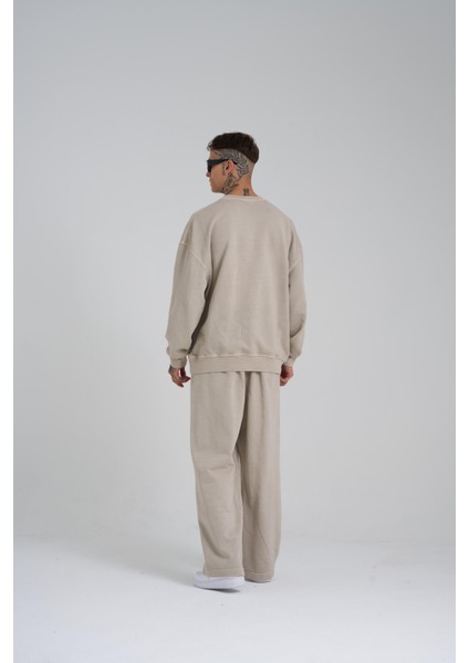Erkek Yıkamalı Basic Baggy Bej Eşofman Altı