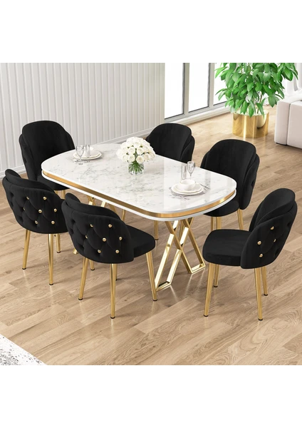 Zae Serisi 90X168 Lak Panel Beyaz Mermer Desen Gold Ayak Masa Takımı 6 Sandalye