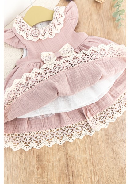 Güpür Dantelli Fiyonklu Yazlık Müslin Kız Bebek Elbise modelleri