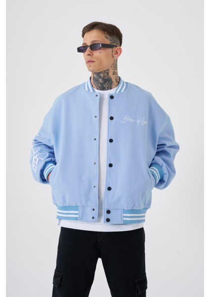 Erkek Born Again Style Oversize Açık Mavi Bomber Ceket