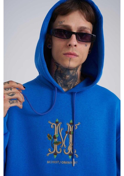 Erkek Naskışlı Kapüşonlu Oversize Saks Sweatshirt