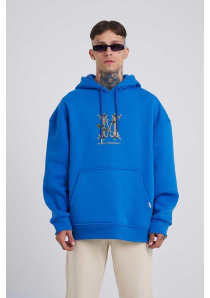 Erkek Naskışlı Kapüşonlu Oversize Saks Sweatshirt