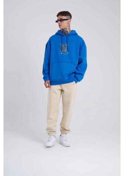 Erkek Naskışlı Kapüşonlu Oversize Saks Sweatshirt