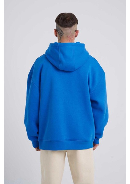 Erkek Naskışlı Kapüşonlu Oversize Saks Sweatshirt