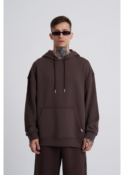 Erkek Kapüşonlu Oversize Kahve Sweatshirt