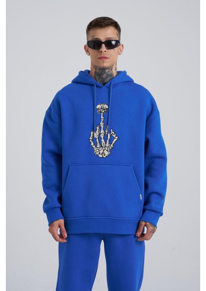 Erkek Middle Finger Baskılı Kapüşonlu Oversize Saks Sweatshirt