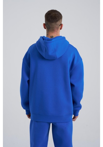 Erkek Middle Finger Baskılı Kapüşonlu Oversize Saks Sweatshirt