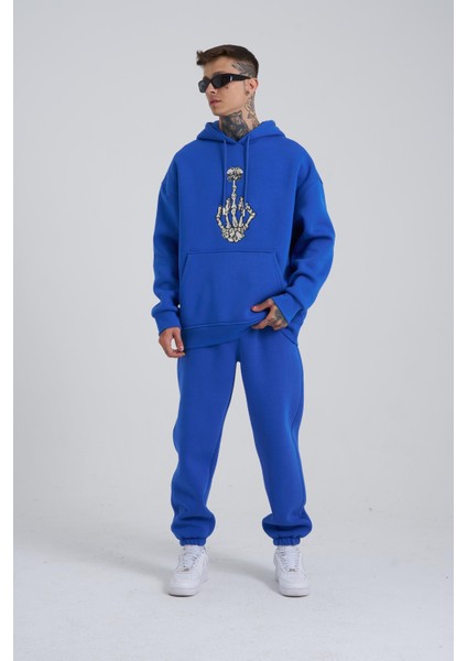 Erkek Middle Finger Baskılı Kapüşonlu Oversize Saks Sweatshirt