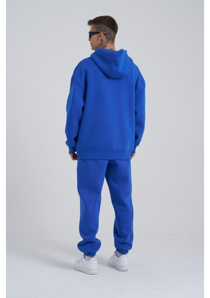 Erkek Middle Finger Baskılı Kapüşonlu Oversize Saks Sweatshirt