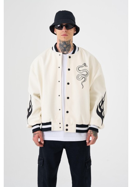 Erkek Snake Oversize Ekru Bomber Ceket