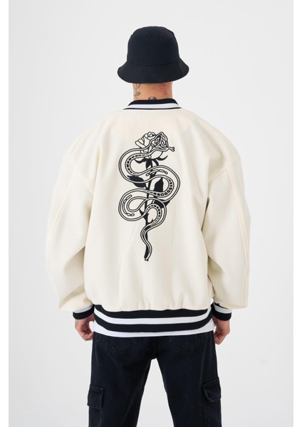 Erkek Snake Oversize Ekru Bomber Ceket