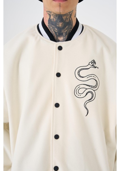 Erkek Snake Oversize Ekru Bomber Ceket