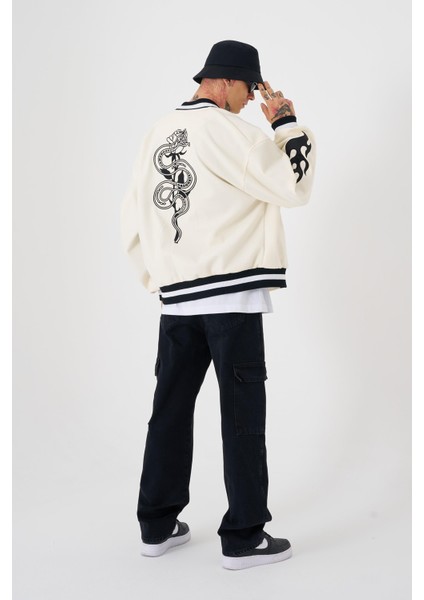Erkek Snake Oversize Ekru Bomber Ceket
