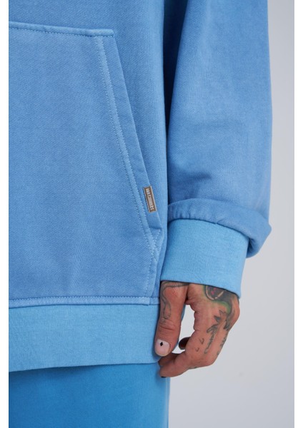Erkek Yıkamalı Nakışlı Kapüşonlu Oversize Lacivert Sweatshirt