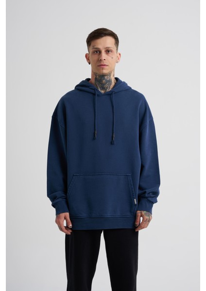 Erkek Basic Kapüşonlu Oversize Lacivert Sweatshirt