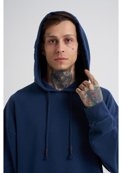 Erkek Basic Kapüşonlu Oversize Lacivert Sweatshirt modelleri