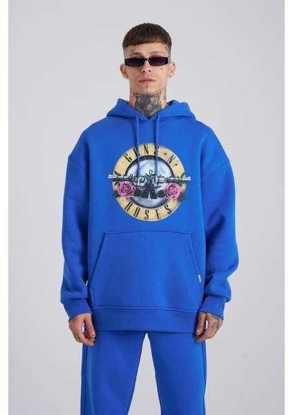 Erkek Guns Baskılı Kapüşonlu Oversize Saks Sweatshirt