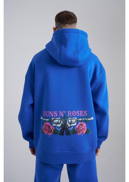 Erkek Guns Baskılı Kapüşonlu Oversize Saks Sweatshirt