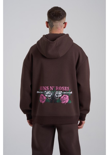 Erkek Guns Baskılı Kapüşonlu Oversize Kahverengi Sweatshirt