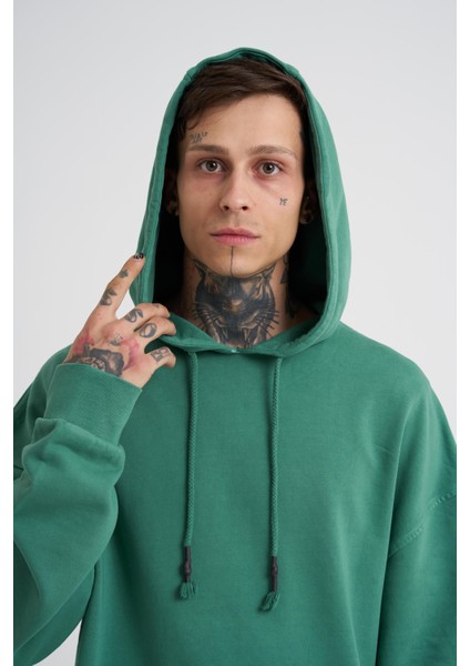 Erkek Basic Solid Kapüşonlu Oversize Yeşil Sweatshirt modelleri