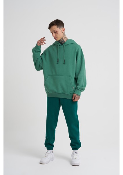 Erkek Basic Solid Kapüşonlu Oversize Yeşil Sweatshirt fırsatları
