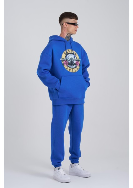 Erkek Guns Baskılı Kapüşonlu Oversize Saks Sweatshirt modelleri